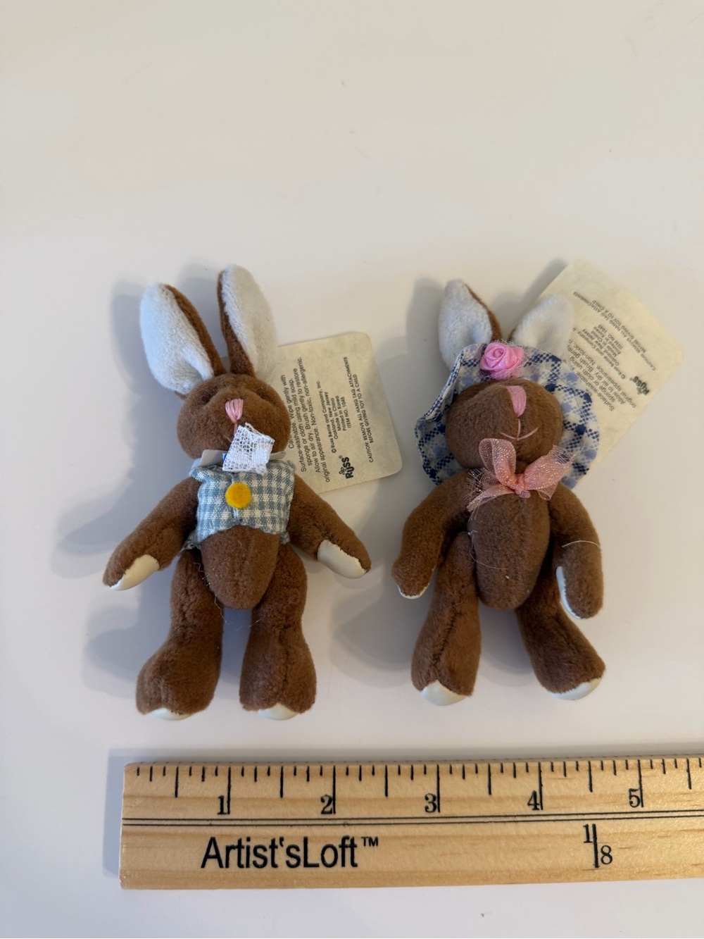 Russ Berrie Tiny Town vintage jointed plush bunnies. 4”. Pre owned with tag